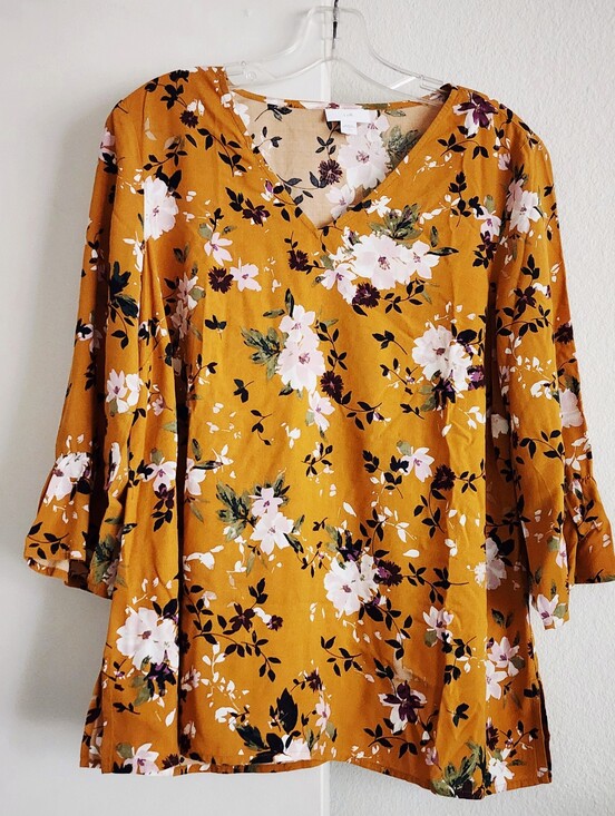 J. Jill Tops - J. Jill | Floral V-Neck Blouse With Bell Sleeves | Mustard | Petite Small
